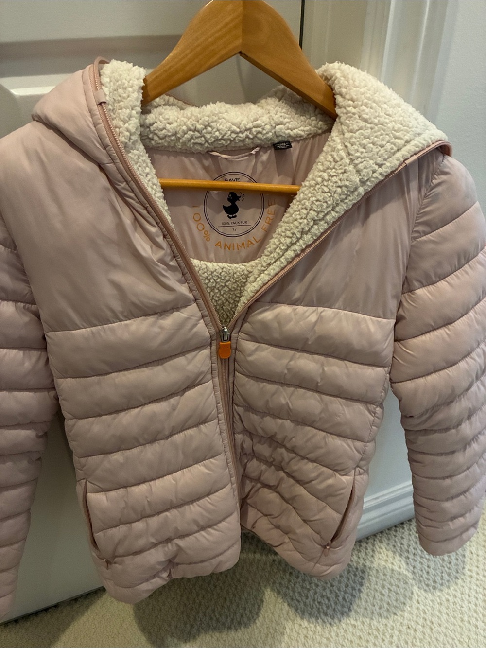 SAVE THE DUCK Light Pink Kids Puffer Jacket with Sherpa Hood